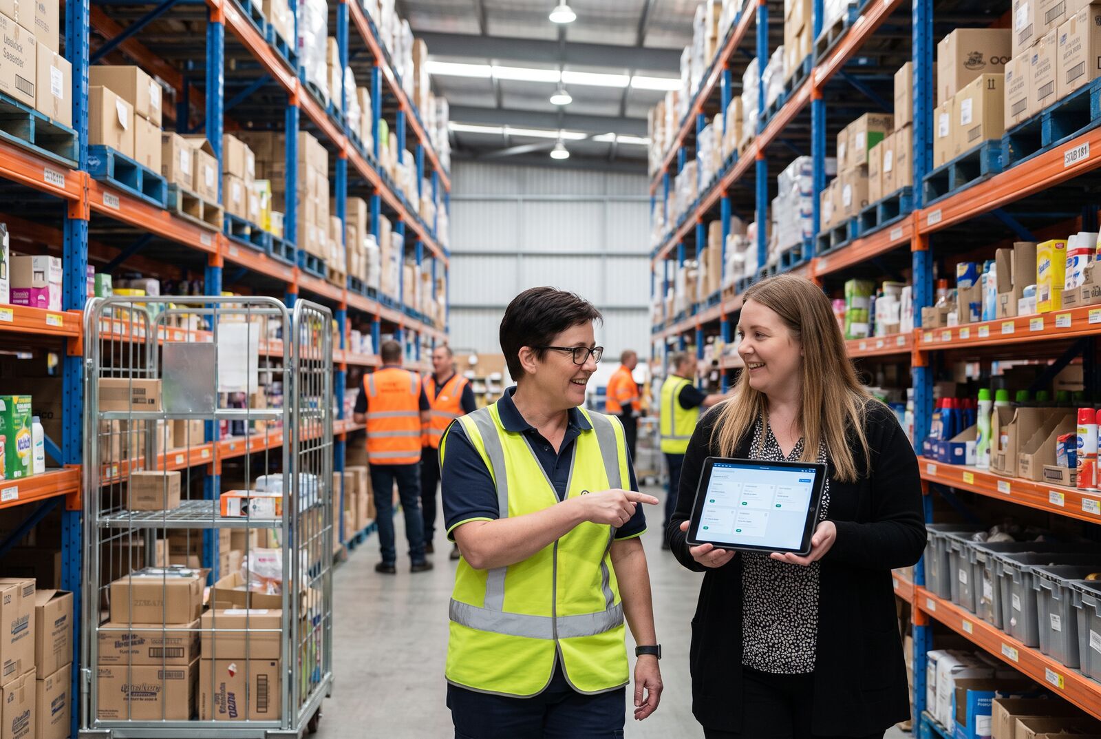 AI-generated illustration of two warehouse colleagues reviewing work on a tablet in a distribution aisle